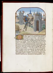 Ms.165 f.51v: Soldat avec bouclier et épée grimpant une échelle de siège, de Hesdin ou Valenciennes, vers 1465-68